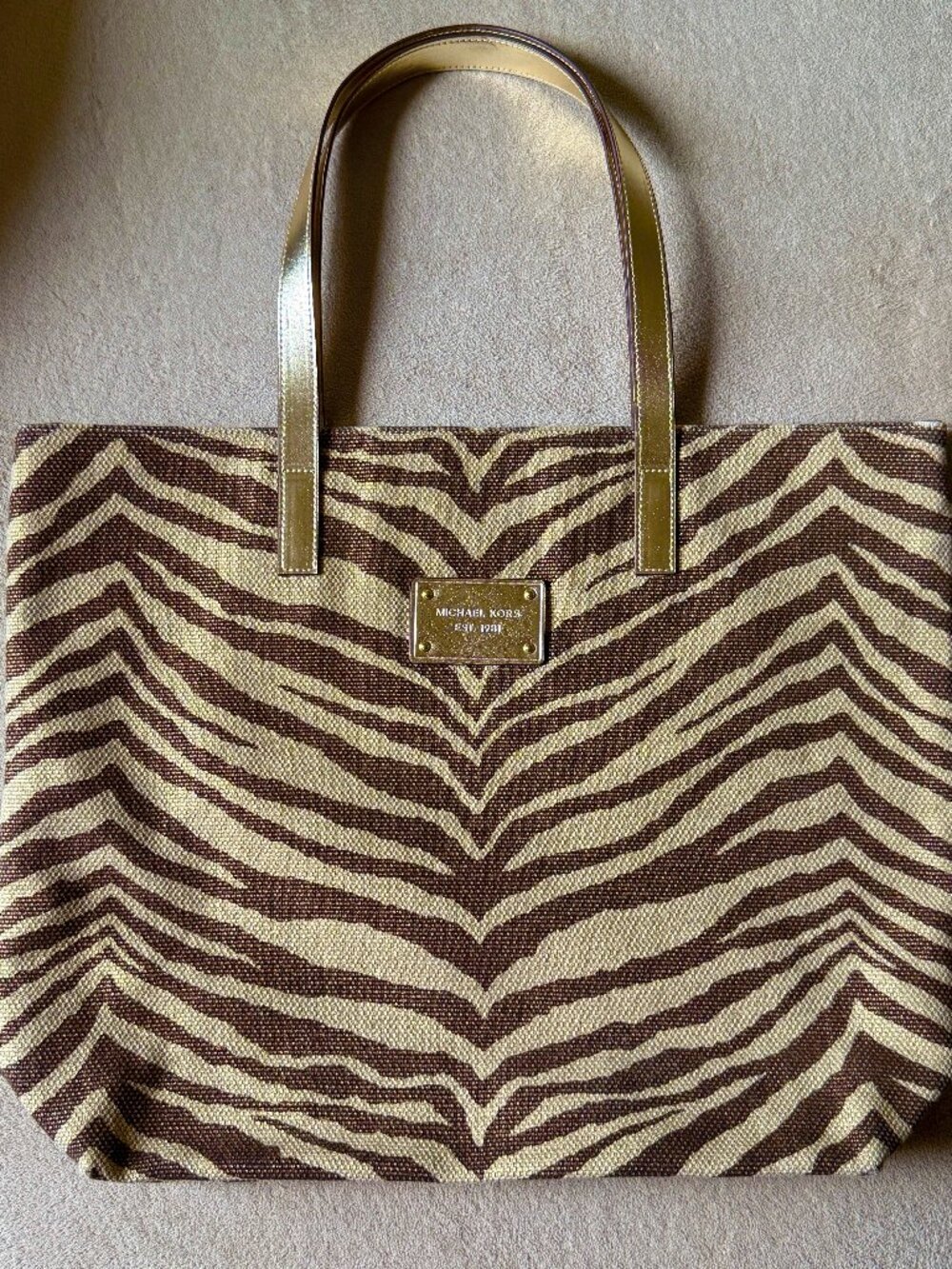 Michael Kors Zebra Print Large Tote Gold/Brown/Cream with Metallic Gold Handles